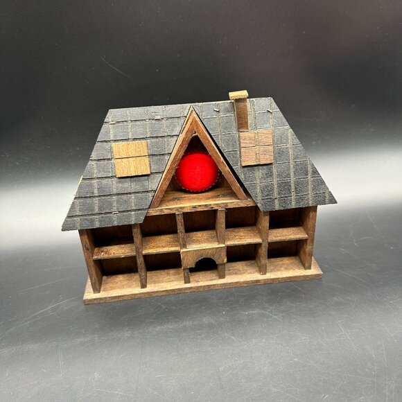 Vintage Shelf Miniature Display Thimble Wall Hang Wood Pincushion House Scissors - Picture 1 of 10